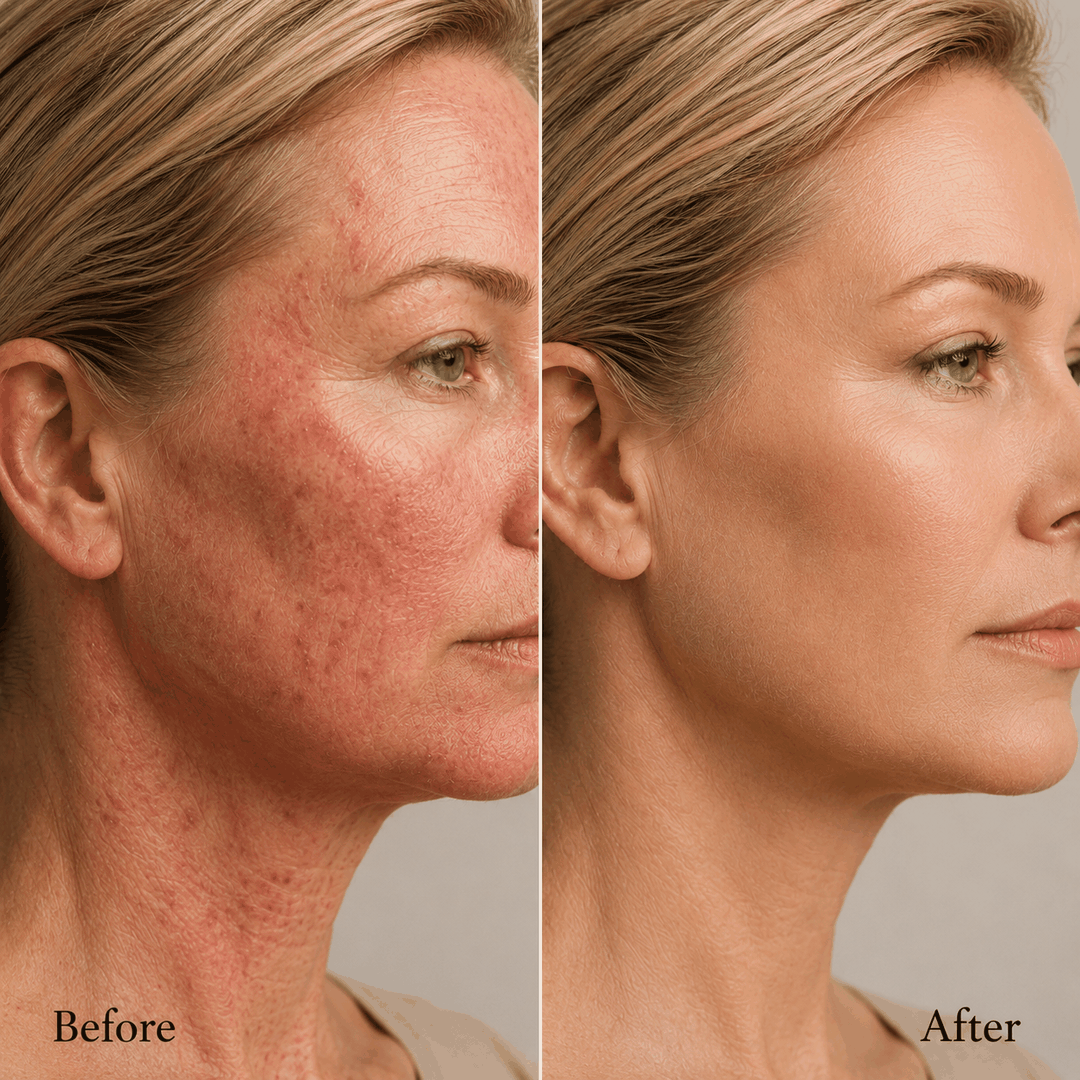 Before and after portrait: woman with reactive skin on the left versus calm restored skin on the right