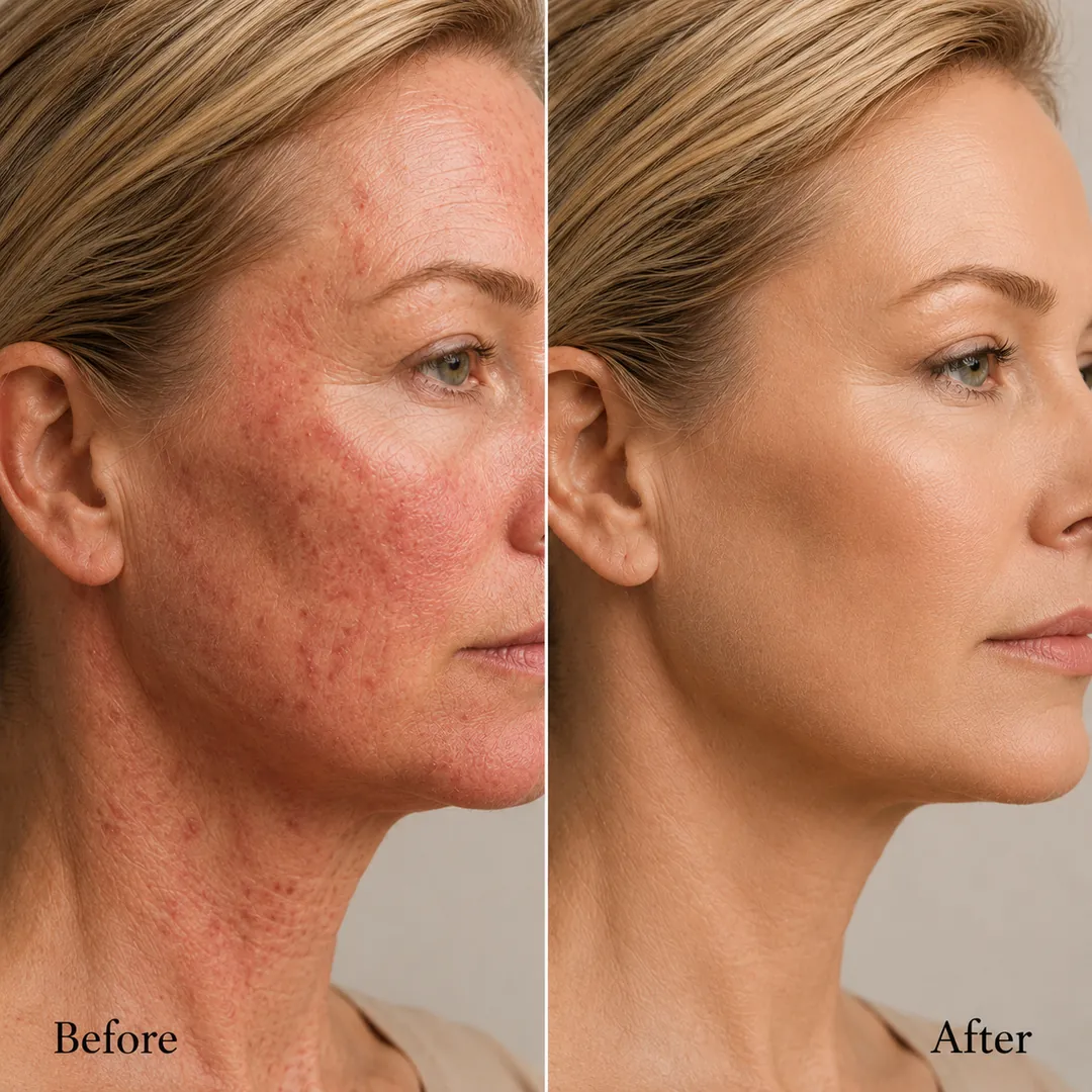 Before and after portrait: woman with reactive skin on the left versus calm restored skin on the right