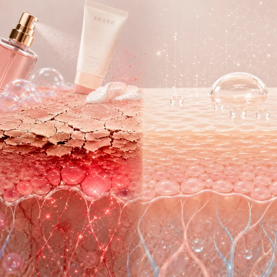 Visualization: cracked irritated barrier on the left versus smooth hydrated barrier on the right, with skincare bottles above
