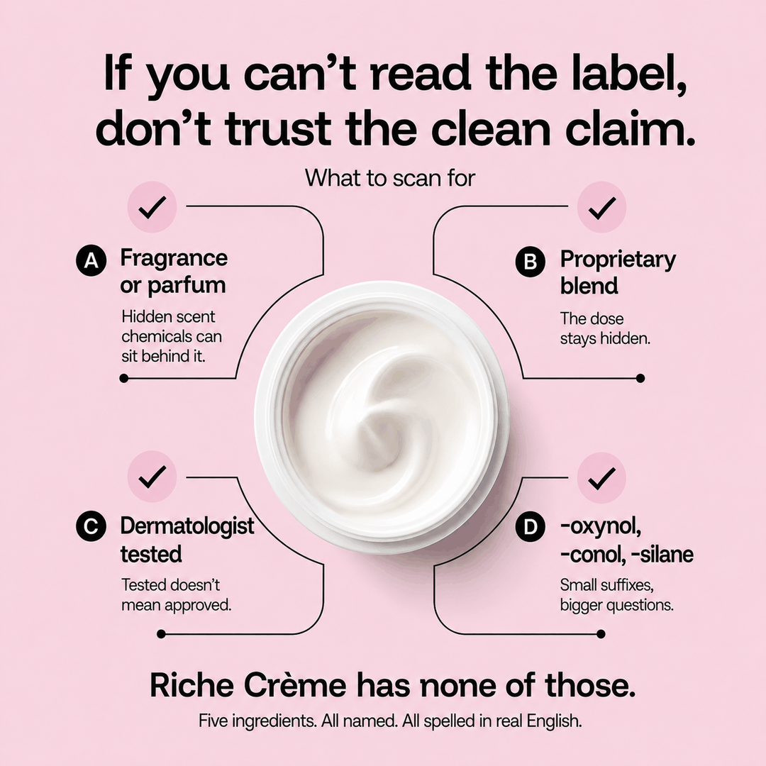 What to scan for on a clean cream label: fragrance, proprietary blend, dermatologist tested, synthetic -oxynol/-conol/-silane endings
