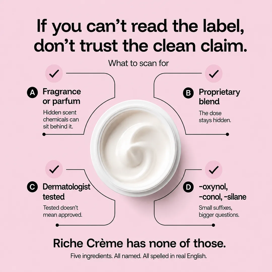 What to scan for on a clean cream label: fragrance, proprietary blend, dermatologist tested, synthetic -oxynol/-conol/-silane endings