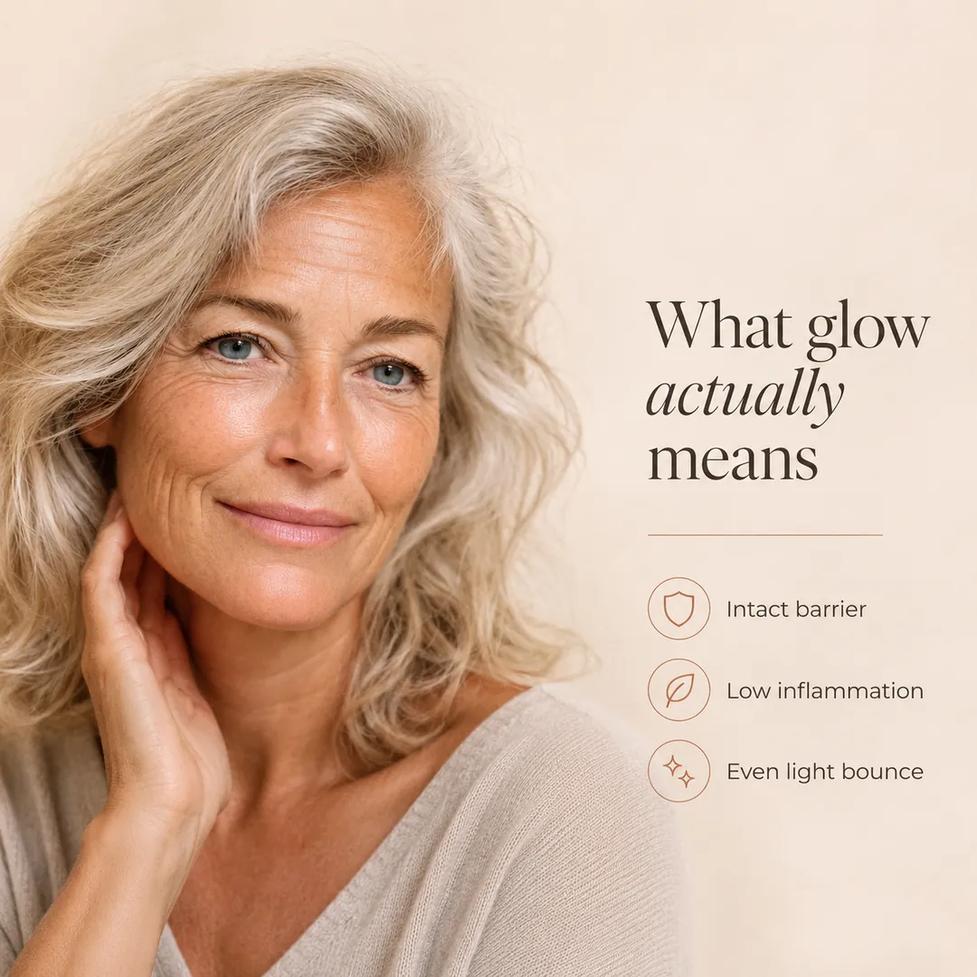 What glow actually means: intact barrier, low inflammation, even light bounce — portrait of woman in her 50s