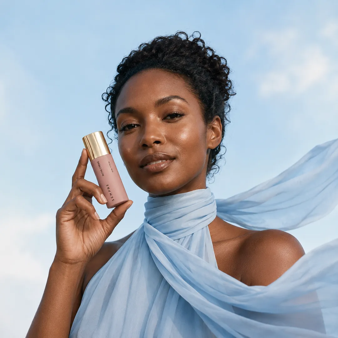 Woman in flowing sky-blue scarf holding the Riche Crème jar against an open-sky backdrop