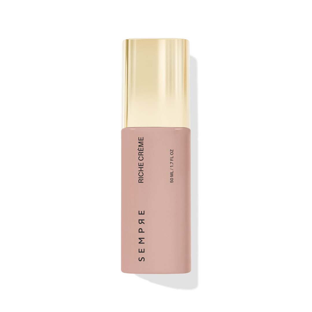 Sempre Riche Crème — tall browny-pink bottle with gold cap, 50mL, the real product shot