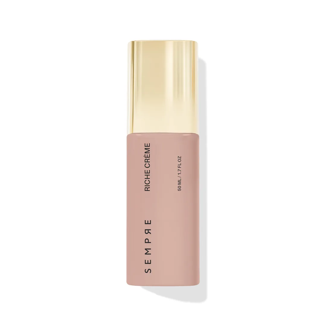 Sempre Riche Crème — tall browny-pink bottle with gold cap, 50mL, the real product shot
